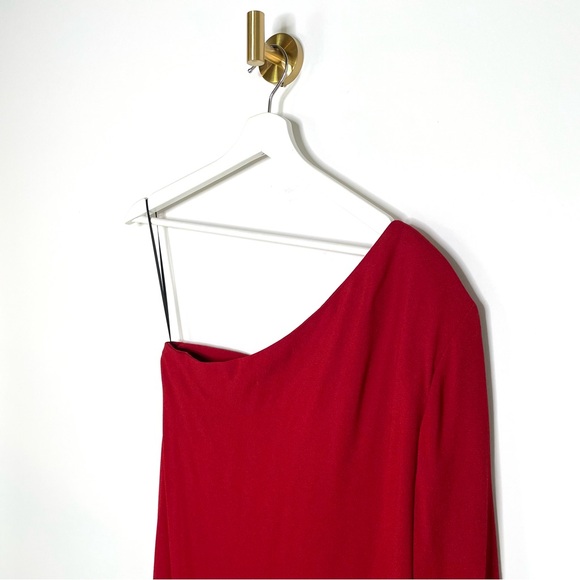 NYE Glam | Theory Red One Shoulder Shift Dress Crepe Party Cocktail New Year | S - Picture 9 of 12